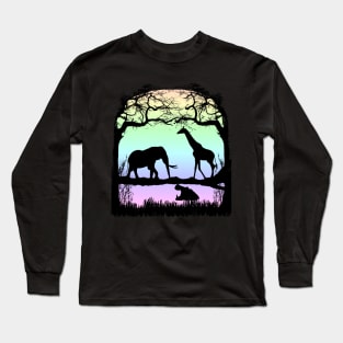 Night picture with Elephant, Giraffe and Hippo in Africa Long Sleeve T-Shirt